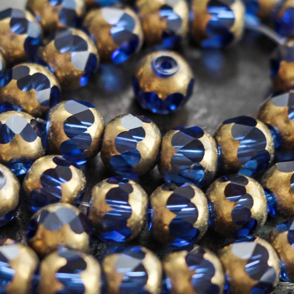 бусина, стекло, граненая, цвет синий/золото, 8 мм