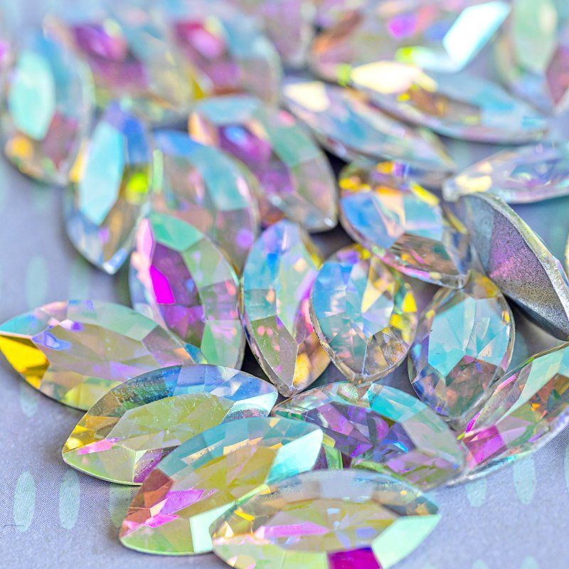 кабошон стекло кристалл, navette, цвет crystal ab, 18х9 мм