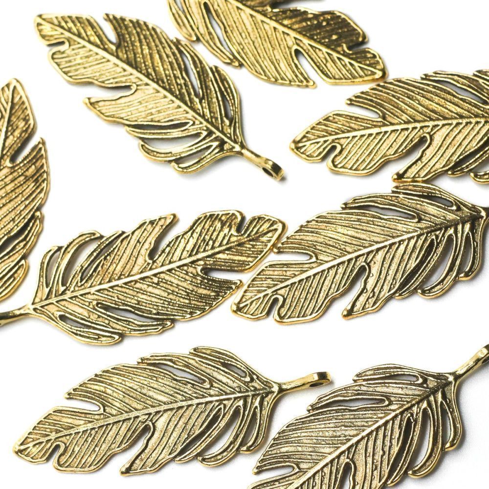подвеска металлическая "перышко", цвет античное золото, 62х23х2 мм