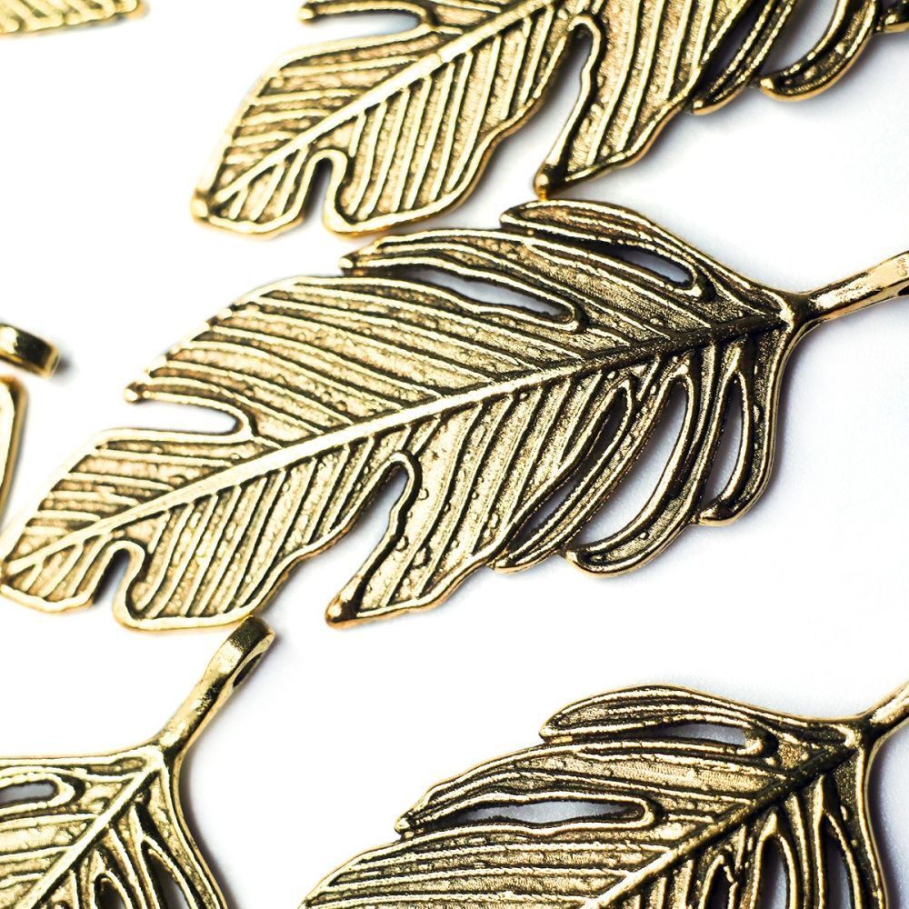 подвеска металлическая "перышко", цвет античное золото, 62х23х2 мм