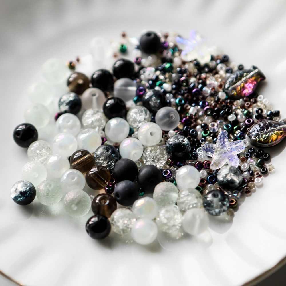 бусина, стекло, цвет черно-белый, размерный микс 2-14 мм (уп 45 г)