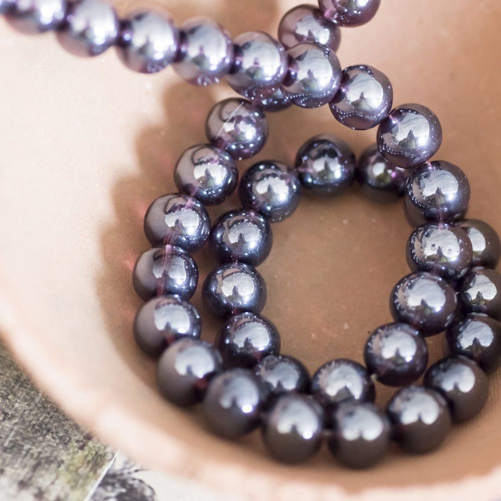 бусина, стекло 8, цвет сливовый радужный, 8 мм