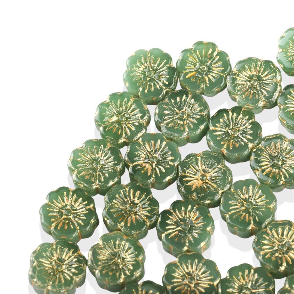 бусина "сакура-антик", стекло, цвет зеленый, 14-14.5x5.5-6 мм