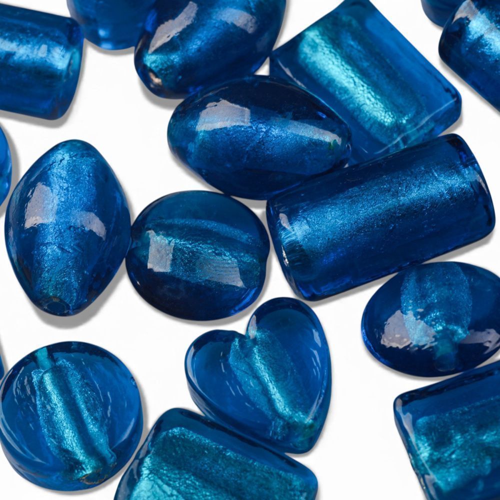 бусина, стекло с фольгой, цвет синий, размерный микс