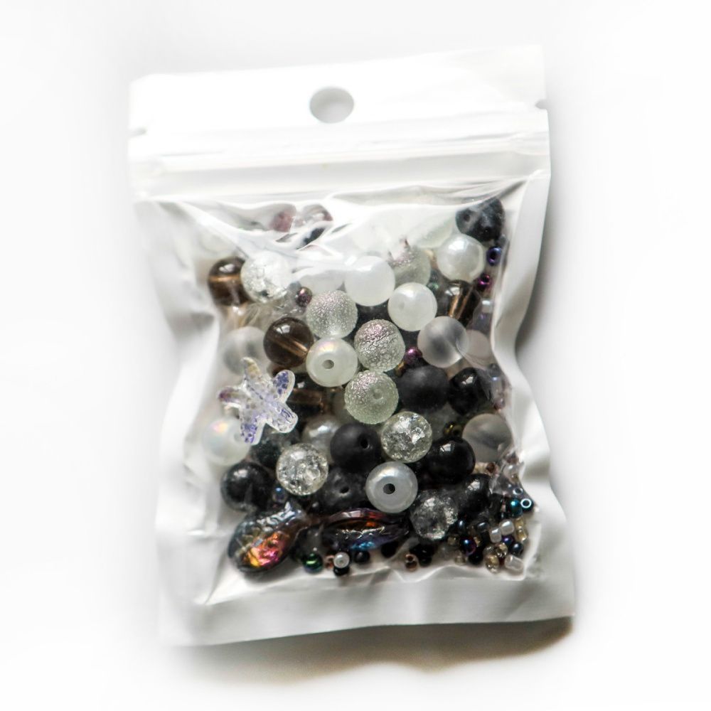 бусина, стекло, цвет черно-белый, размерный микс 2-14 мм (уп 45 г)