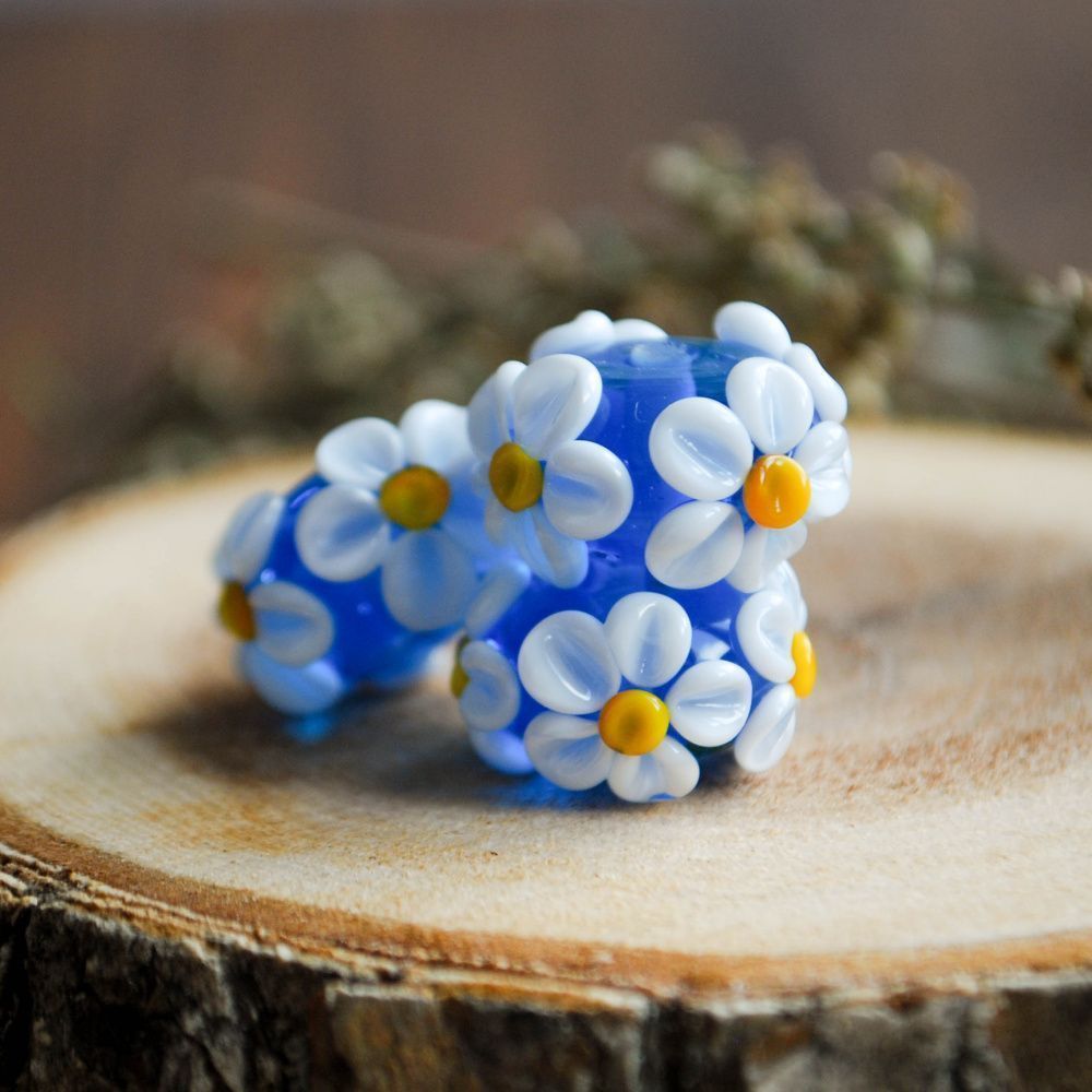 бусина, мурано "ромашка на голубом", абакус,16х8 мм