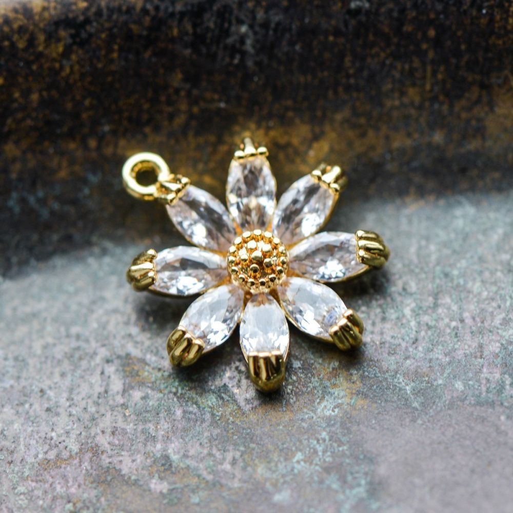 подвеска металл "сакура", позолота/циркон, 15x14x4 мм