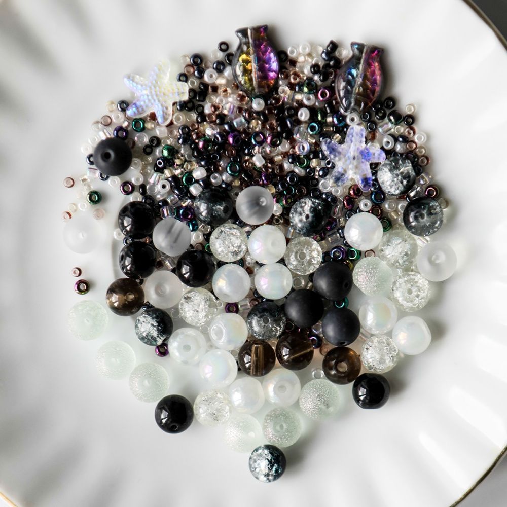 бусина, стекло, цвет черно-белый, размерный микс 2-14 мм (уп 45 г)