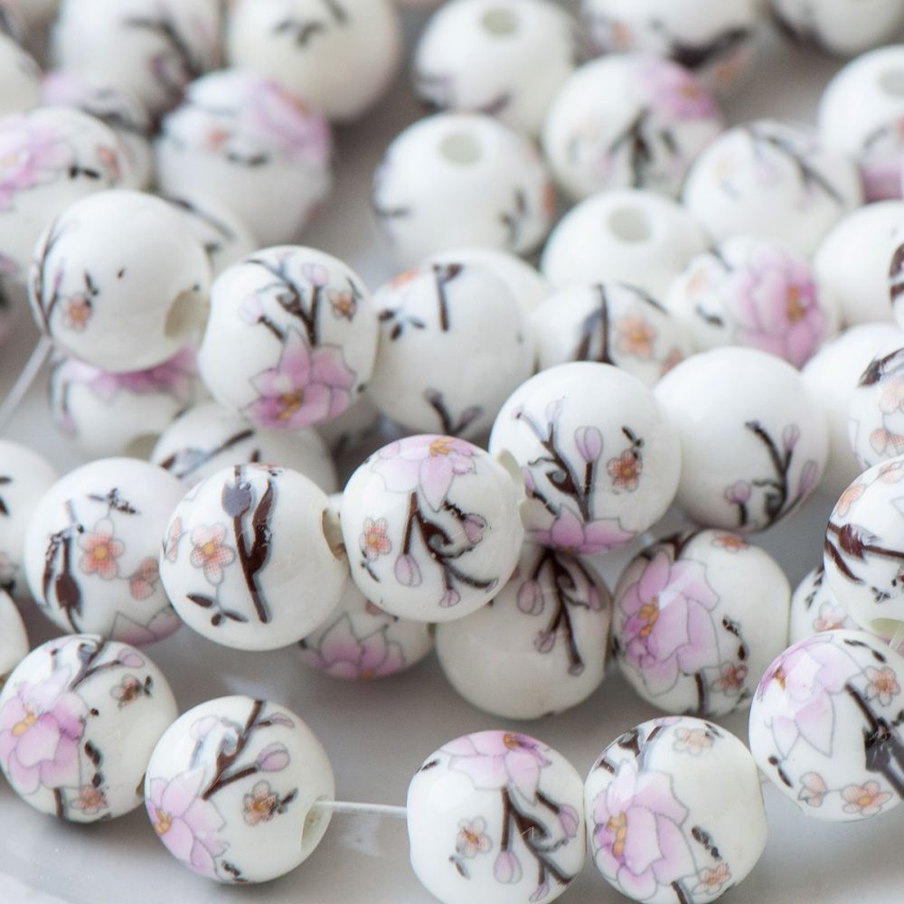 бусина, керамика "роза", цвет бело-розовый, 10 мм