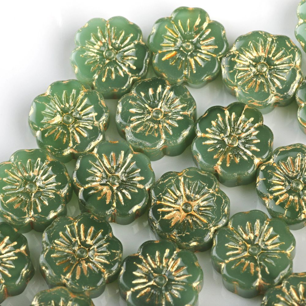 бусина "сакура-антик", стекло, цвет зеленый, 14-14.5x5.5-6 мм