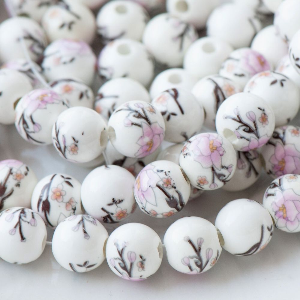 бусина, керамика "роза", цвет бело-розовый, 10 мм