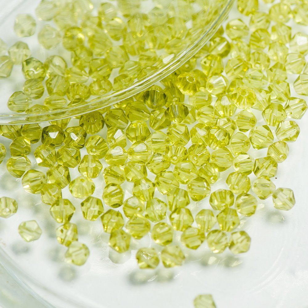 бусина, стекло биконус, цвет желто-зеленый, 4 мм (уп.30+/-5 шт)