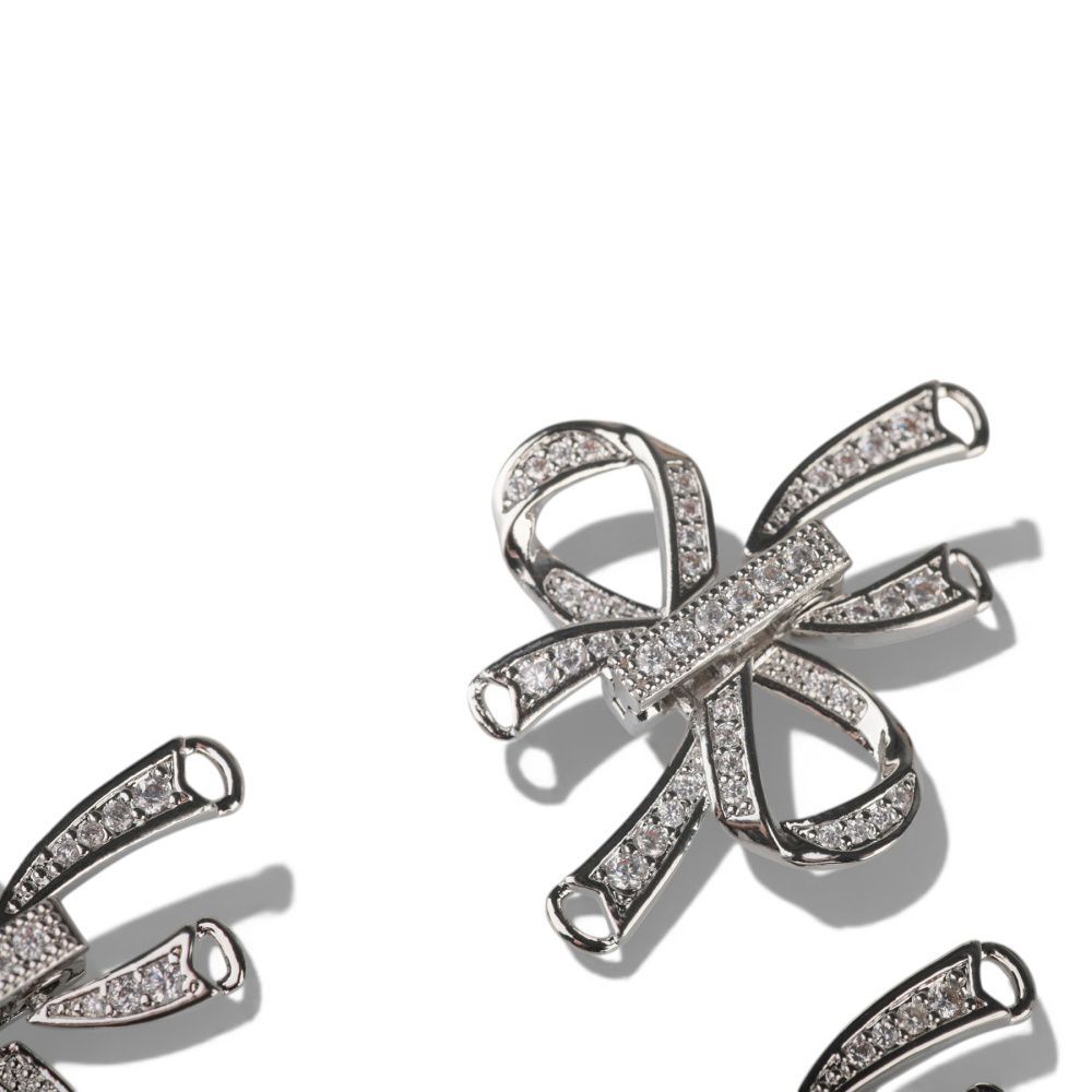 замок для украшений "бант", покрытие платина/циркон, 27x25x5 мм