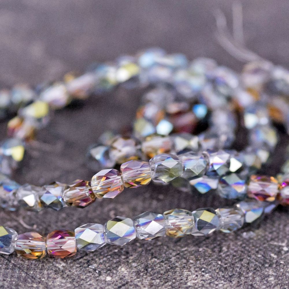 бусина, стекло бочонок 4, граненая, цвет сине-зеленый радужный, 4x3 мм (уп 30+/-5 шт)