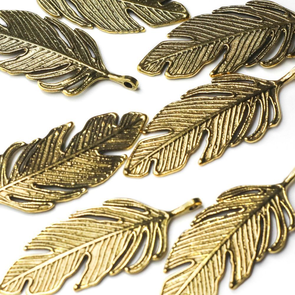 подвеска металлическая "перышко", цвет античное золото, 62х23х2 мм
