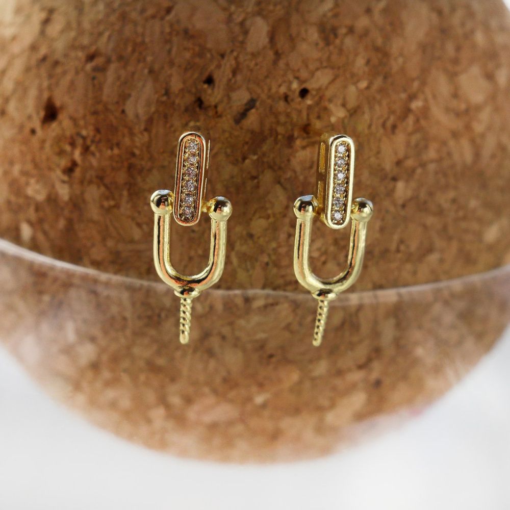 пуссеты "стремя", с цирконием, позолоченные, 19.5 мм