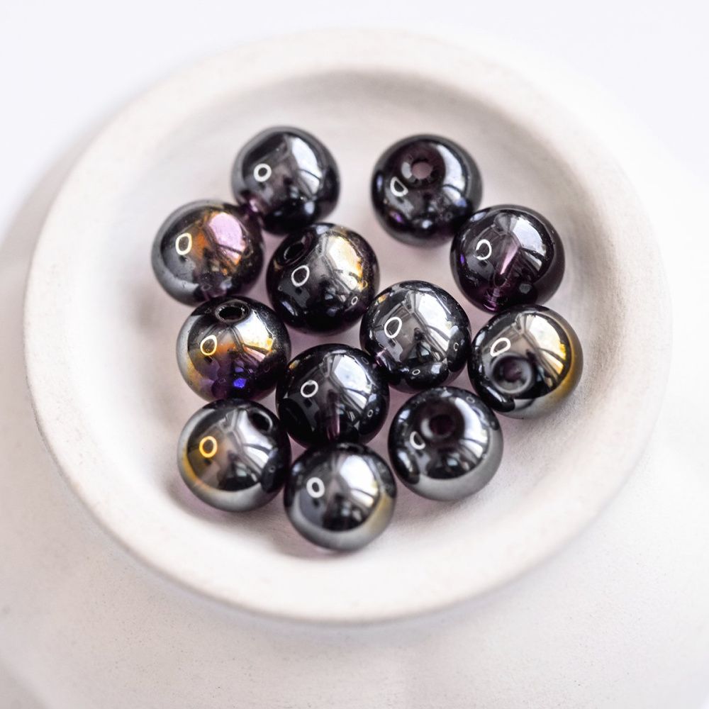 бусина, стекло 8, цвет сливовый радужный, 8 мм