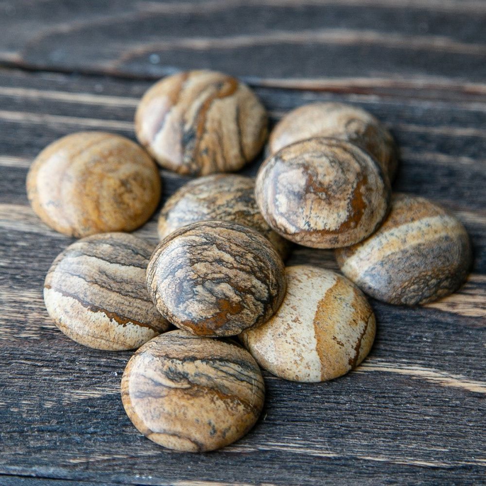 кабошон яшма пейзажная круглый, природные тона, 26х7 мм