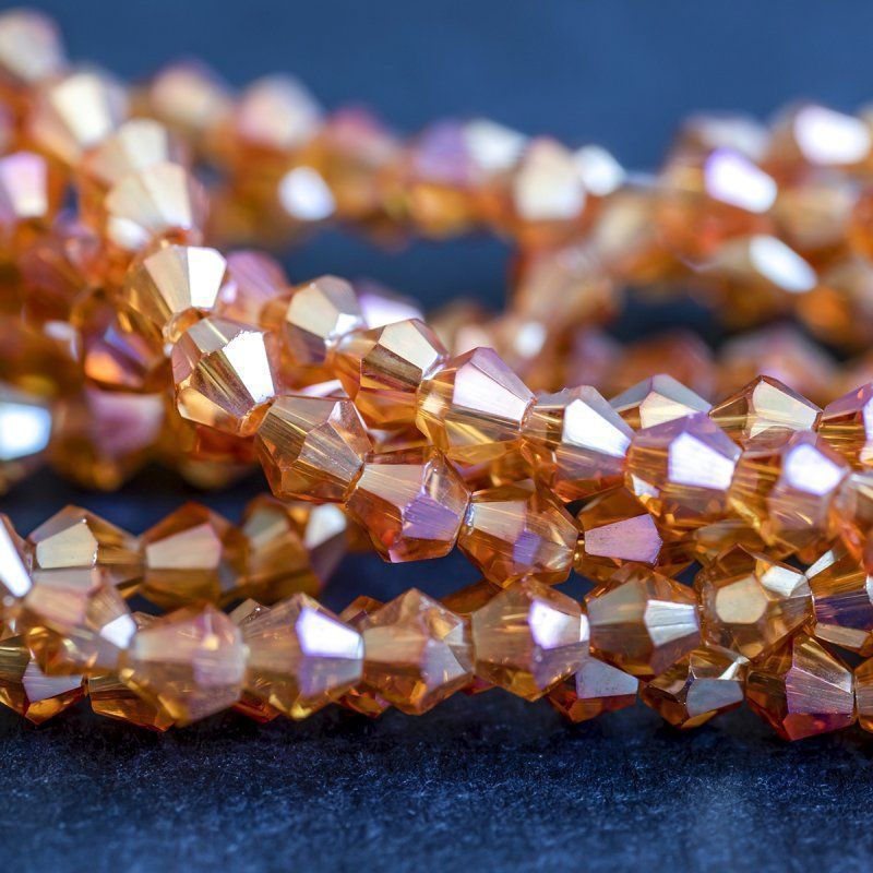 бусина, стекло биконус, цвет оранжевый бензиновый, 4 мм (уп.30+/-5 шт)