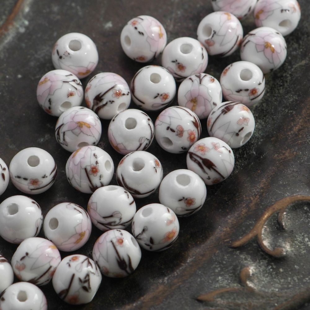 бусина, керамика "роза", цвет бело-розовый, 10 мм