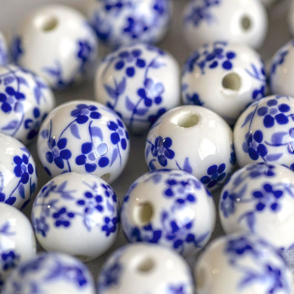 бусина, керамика "сакура", цвет бело-голубой, 12 мм