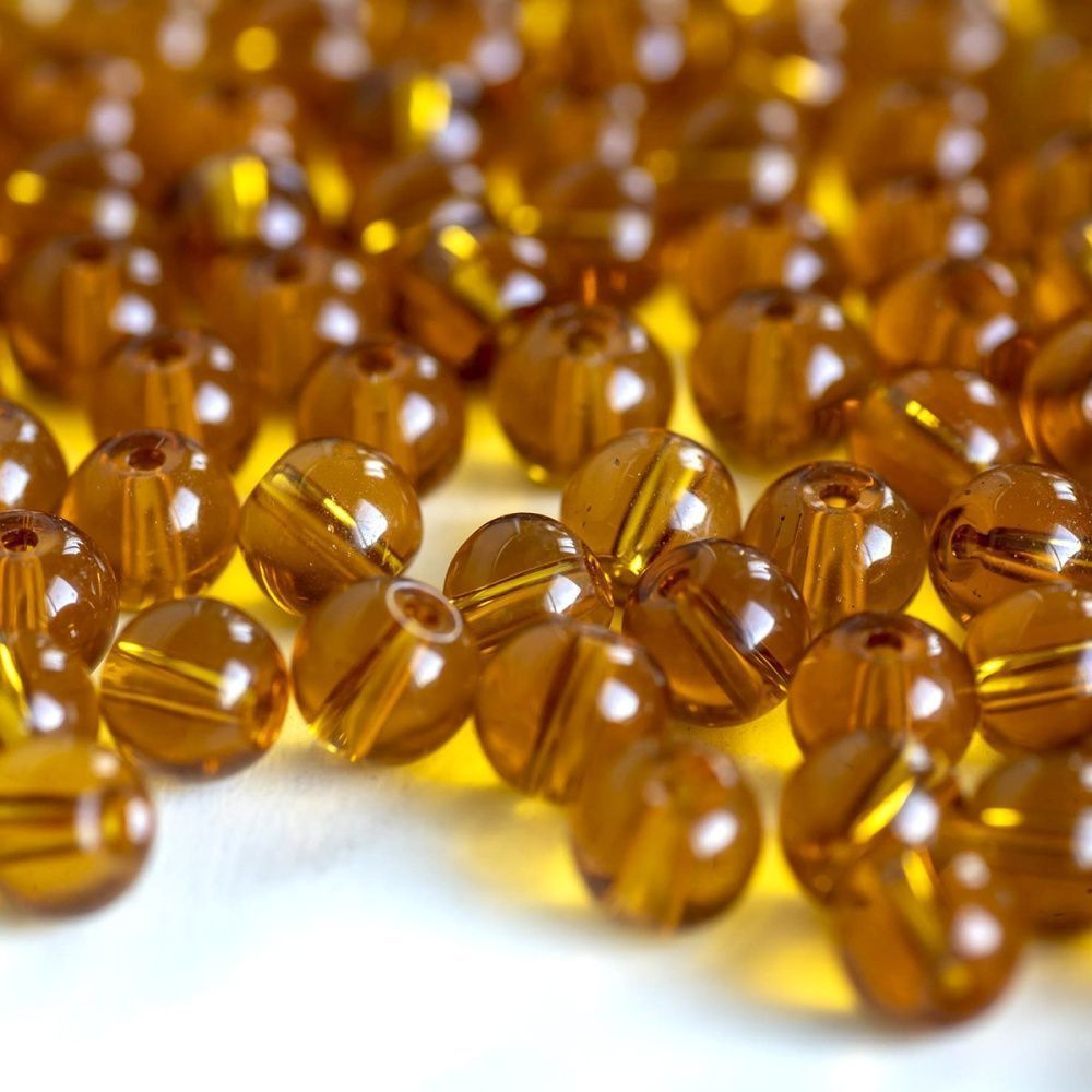 бусина, стекло 8, цвет янтарный, 8 мм