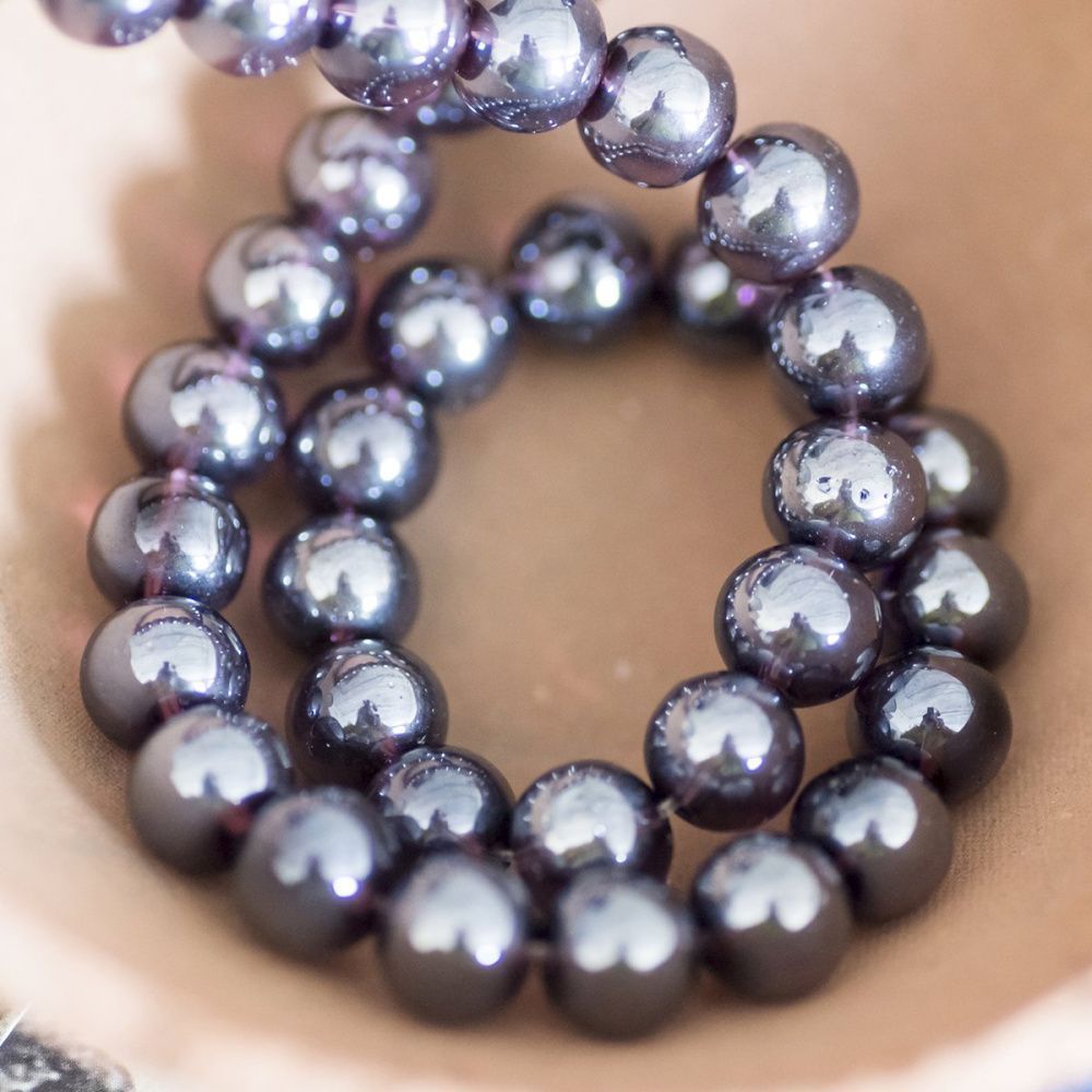 бусина, стекло 8, цвет сливовый радужный, 8 мм