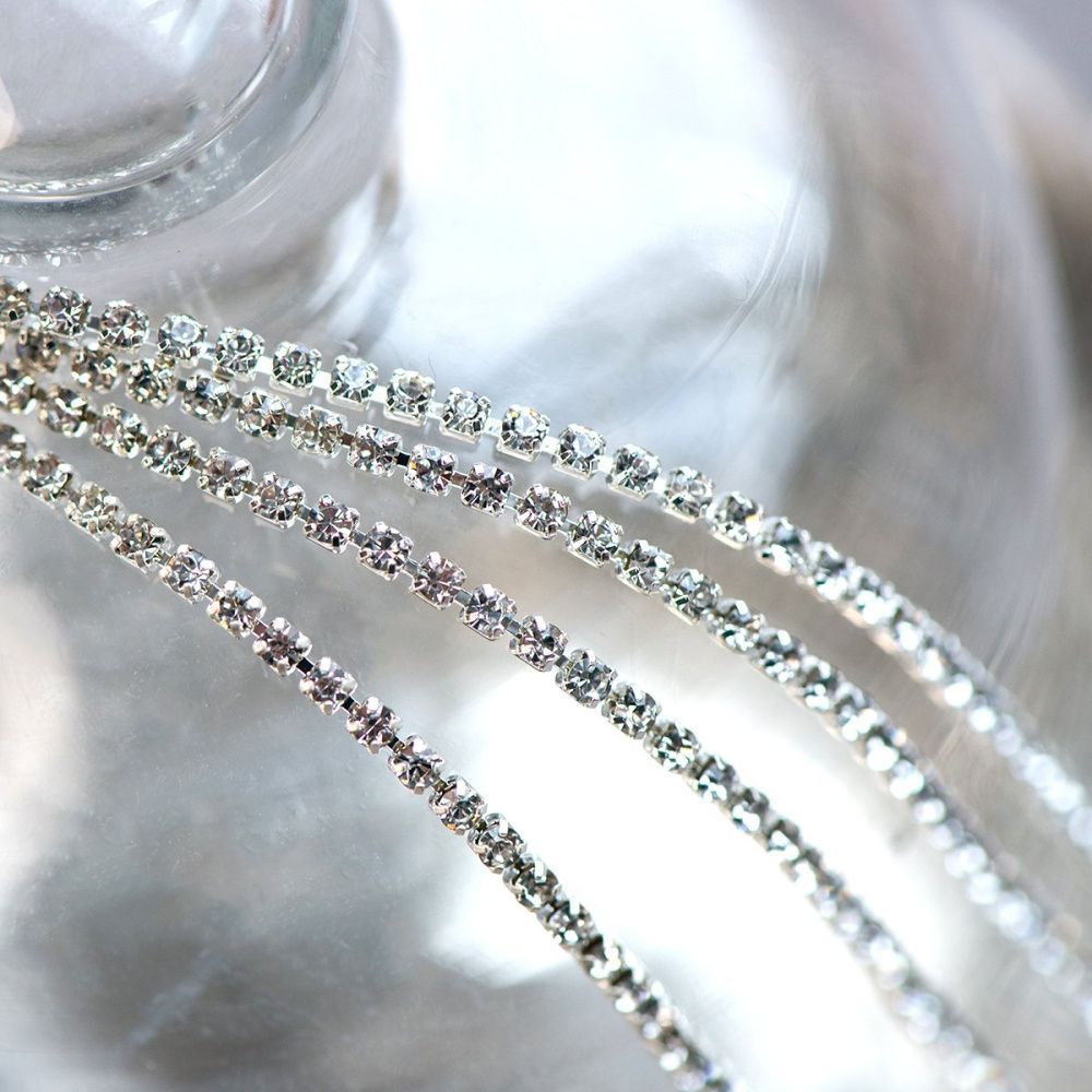 цепочка "стар", со стразами cristal, цвет серебро, 2 мм, стразовая лента