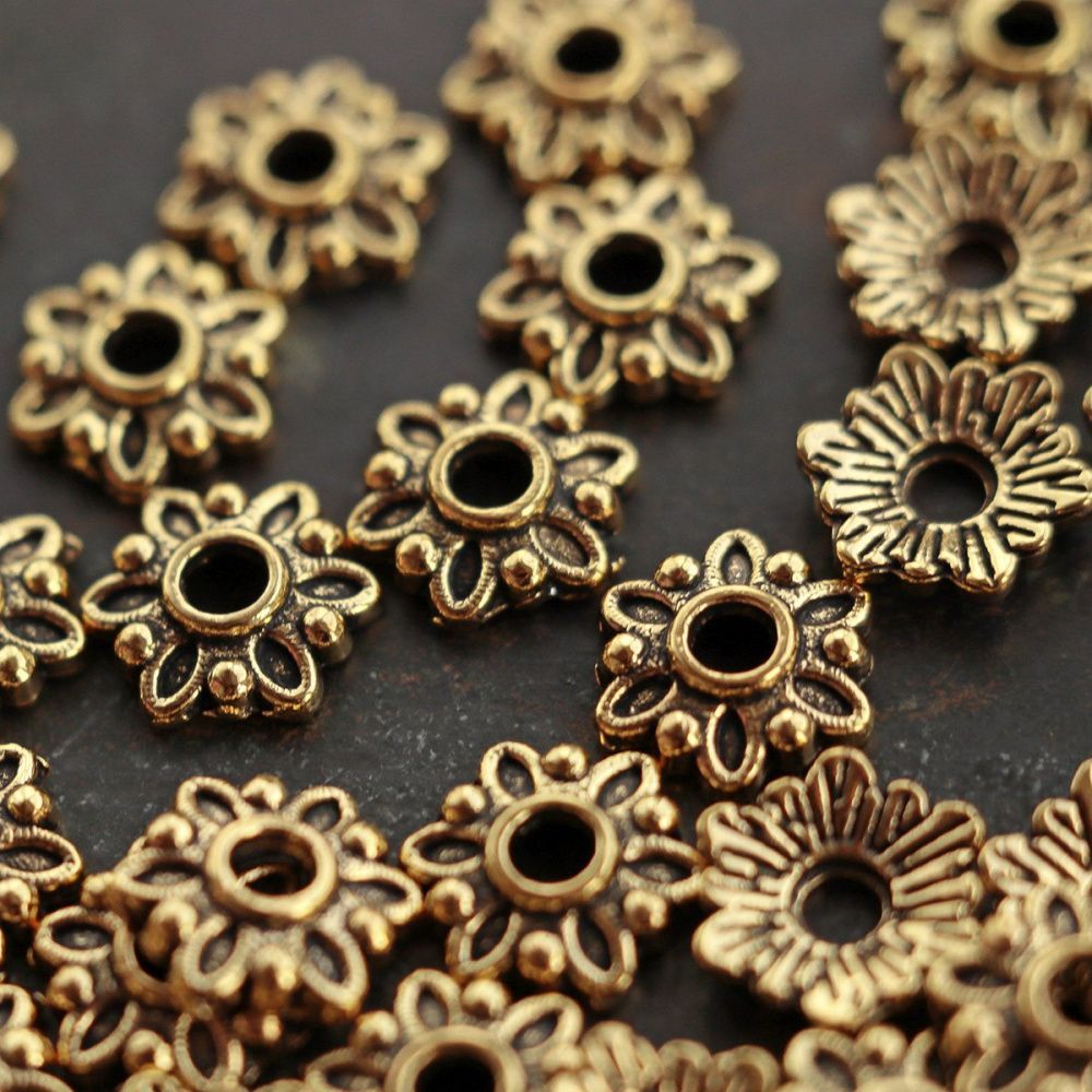 шапочка для бусин "лён", цвет античное золото, 7x7x2 мм