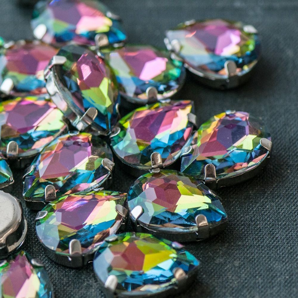 стразы в цапах платина, капля, стекло, цвет мультиколор, 18x13x7 мм