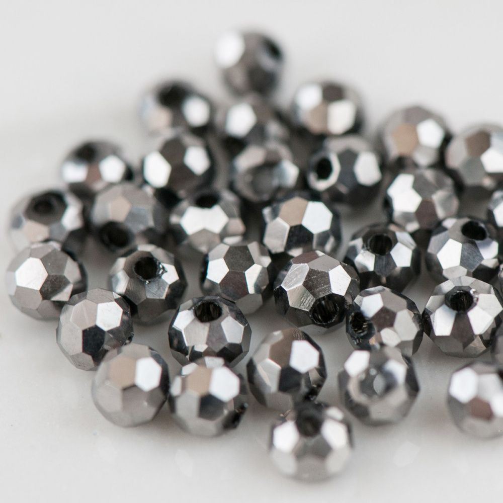 бусина, стекло 3, граненая, цвет серебряный, 3 мм (уп.40+/-5 шт)