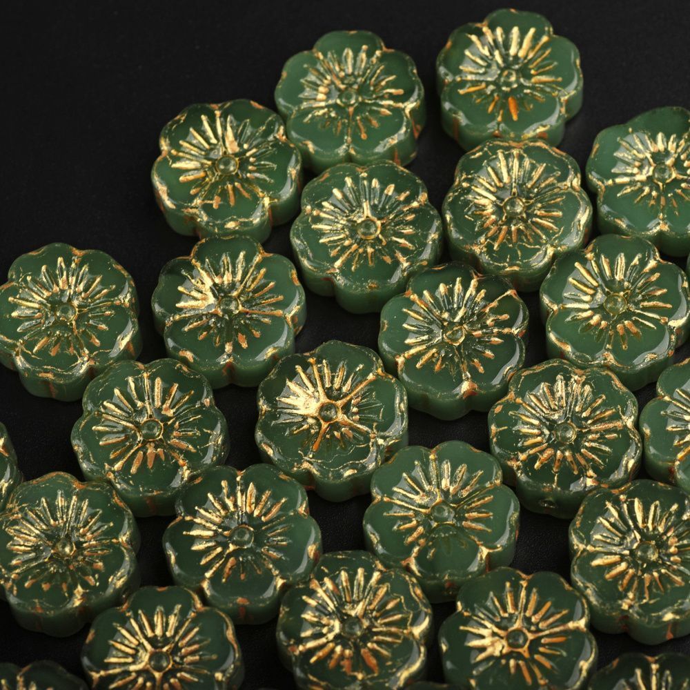 бусина "сакура-антик", стекло, цвет зеленый, 14-14.5x5.5-6 мм