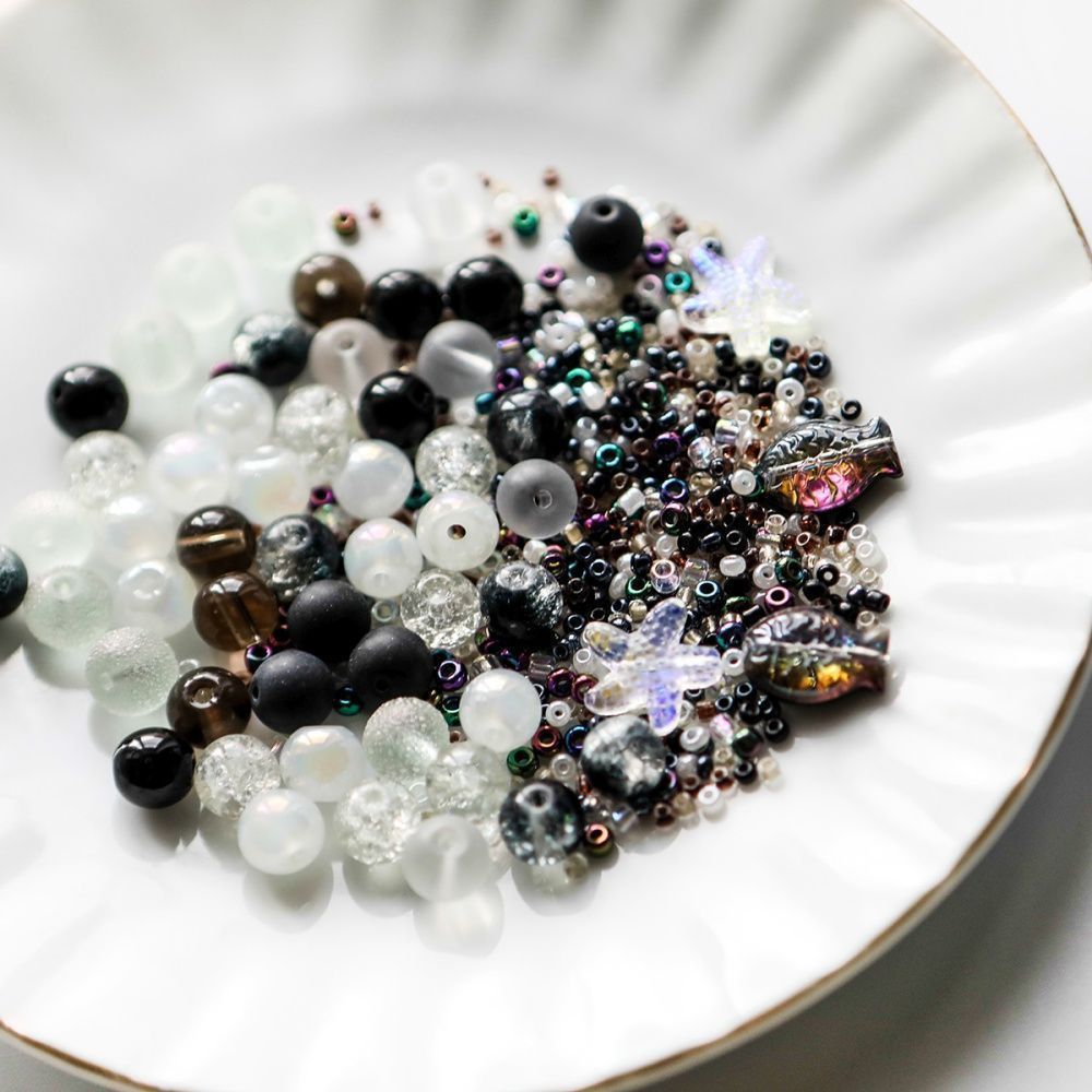 бусина, стекло, цвет черно-белый, размерный микс 2-14 мм (уп 45 г)