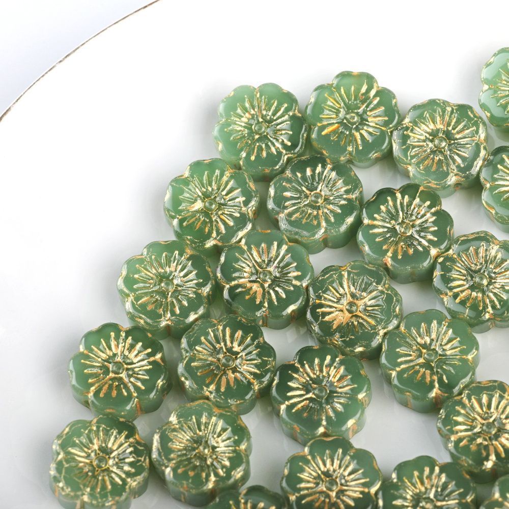 бусина "сакура-антик", стекло, цвет зеленый, 14-14.5x5.5-6 мм