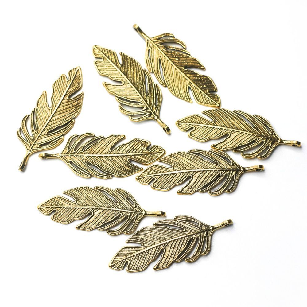 подвеска металлическая "перышко", цвет античное золото, 62х23х2 мм