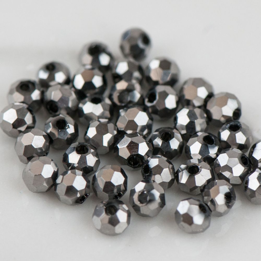 бусина, стекло 3, граненая, цвет серебряный, 3 мм (уп.40+/-5 шт)