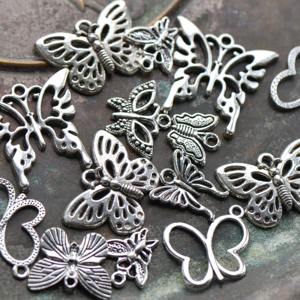 микс металлический из подвесок "бабочки", цвет античное серебро, размерный микс (уп 20 г)
