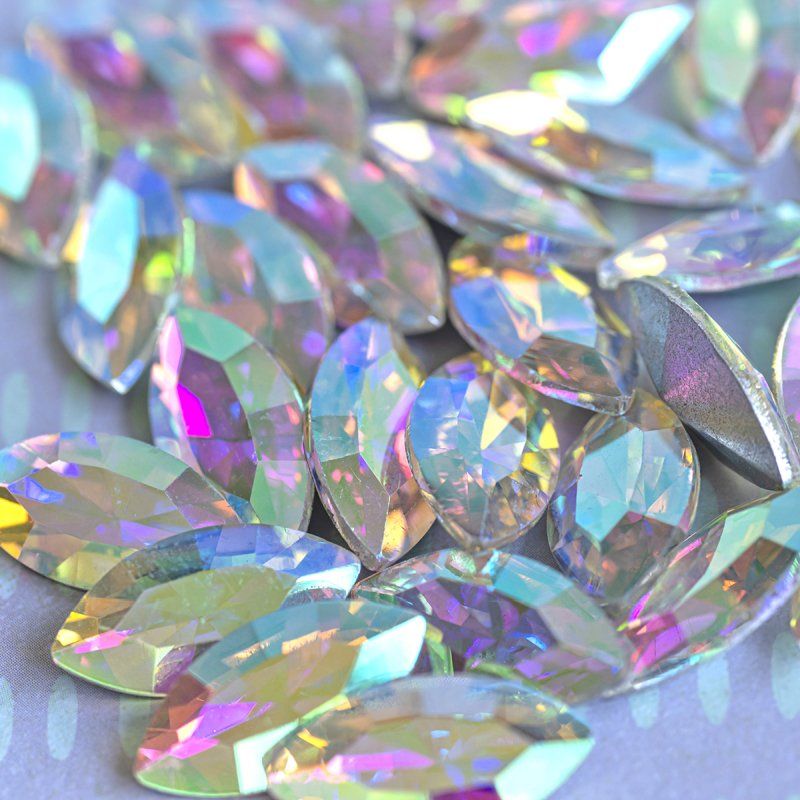 кабошон стекло кристалл, navette, цвет crystal ab, 18х9 мм