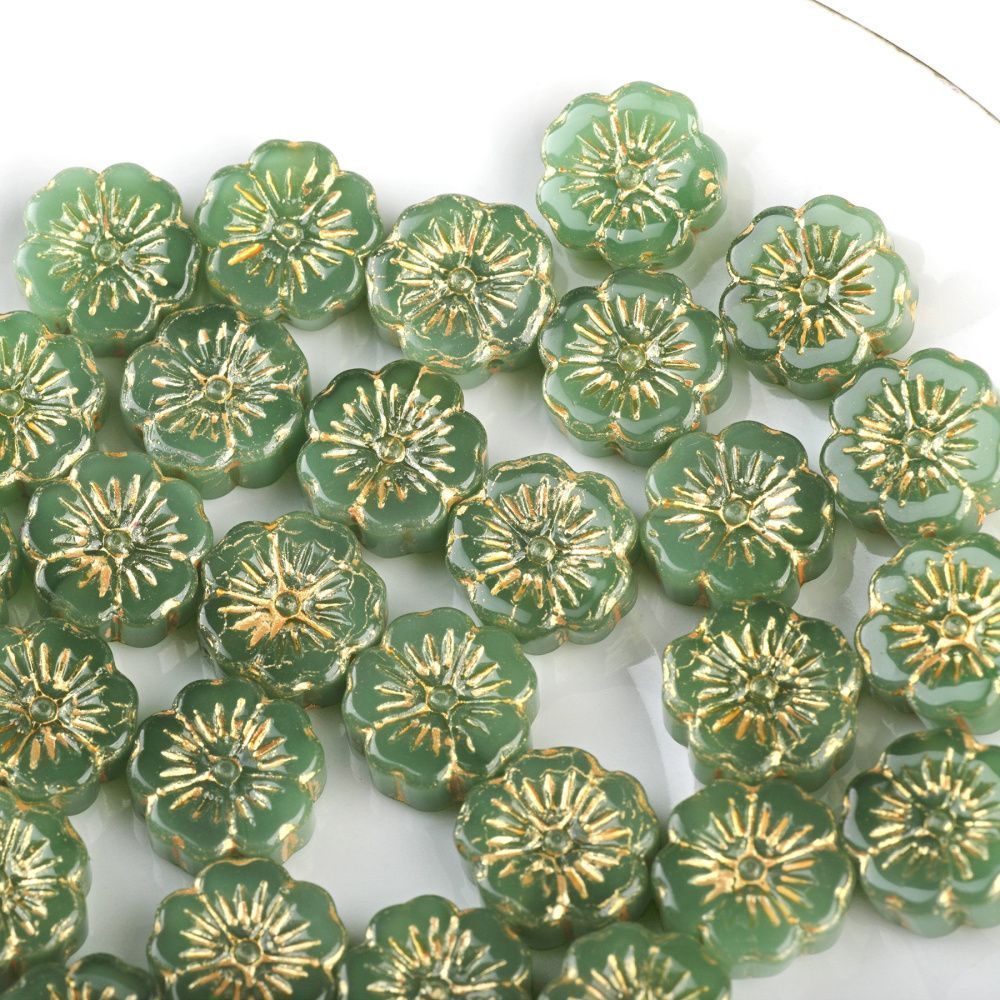 бусина "сакура-антик", стекло, цвет зеленый, 14-14.5x5.5-6 мм