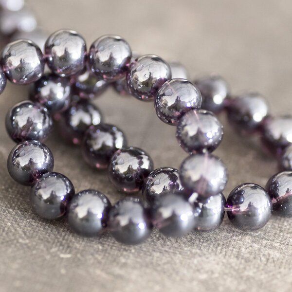 бусина, стекло 8, цвет сливовый радужный, 8 мм