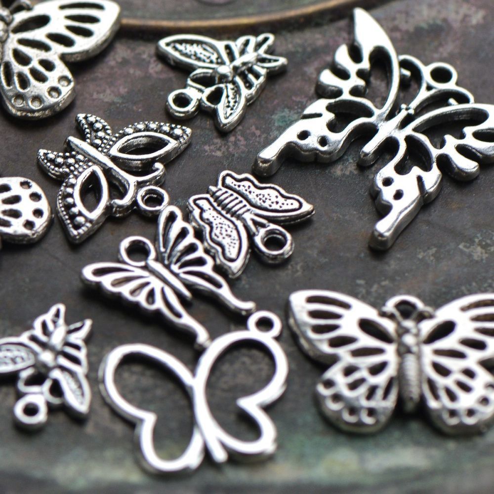 микс металлический из подвесок "бабочки", цвет античное серебро, размерный микс (уп 20 г)