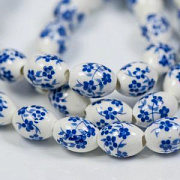 Бусина, керамика "Сакура", овальная, цвет синий, 16х11 мм