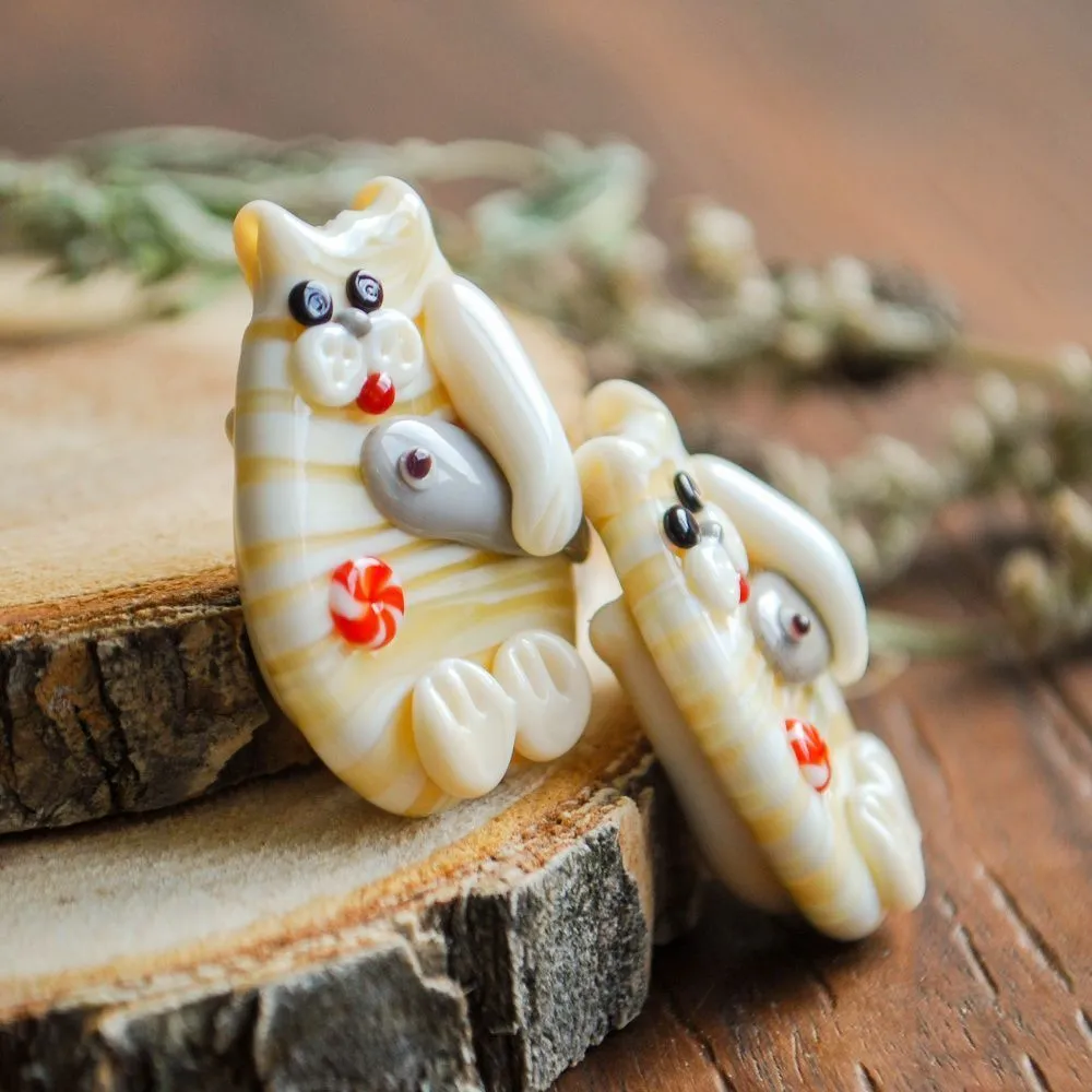 бусина, мурано "кот с рыбой - рыжий", фигурная, 30х25 мм