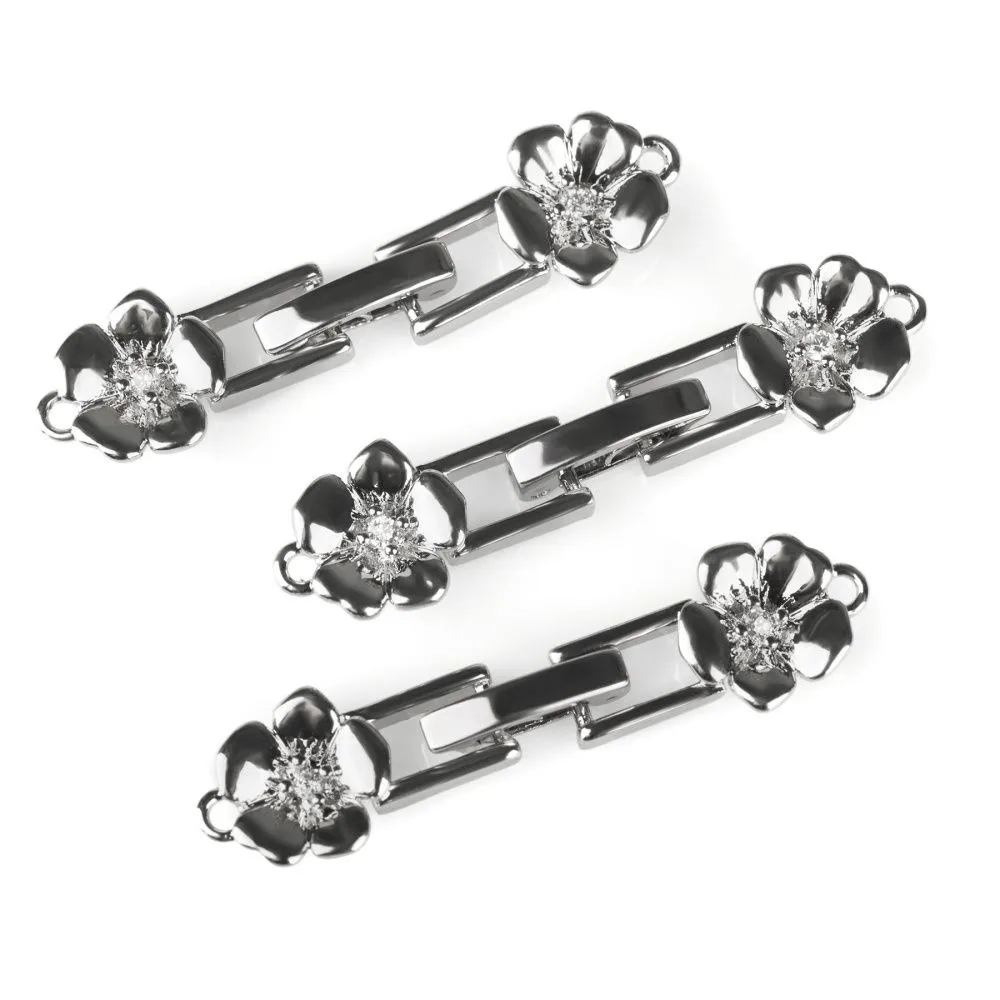 замок для украшений "плюмерия", покрытие платина/циркон, 32.5x8x3 мм