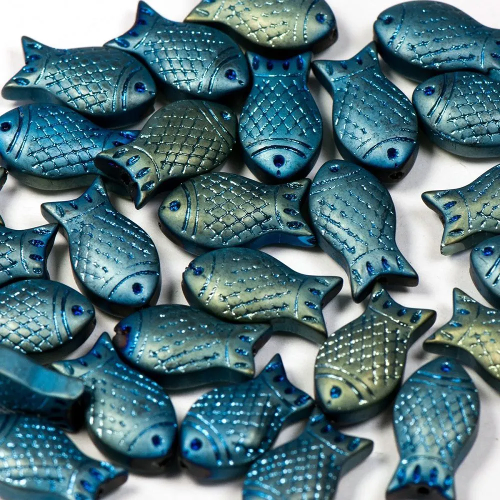 бусина "рыбка", стекло, цвет голубой металлик матовый, 15х8х5 мм