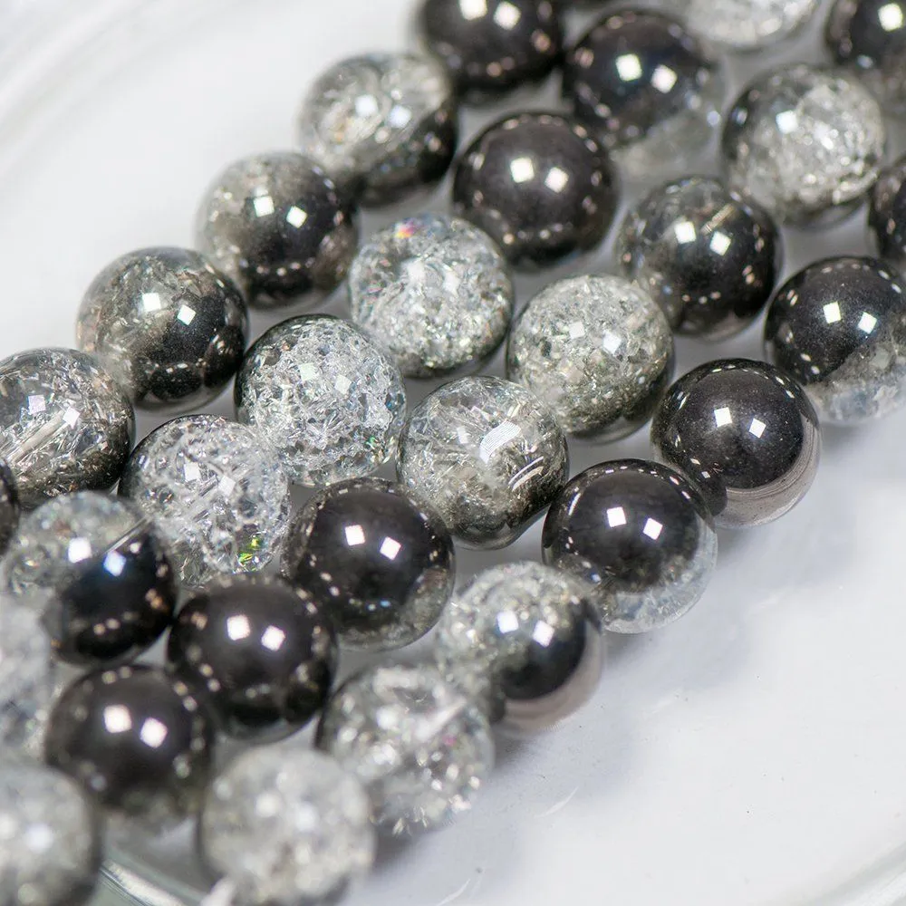 бусина, стекло "кракле", цвет прозрачный/гематитовый, 12 мм