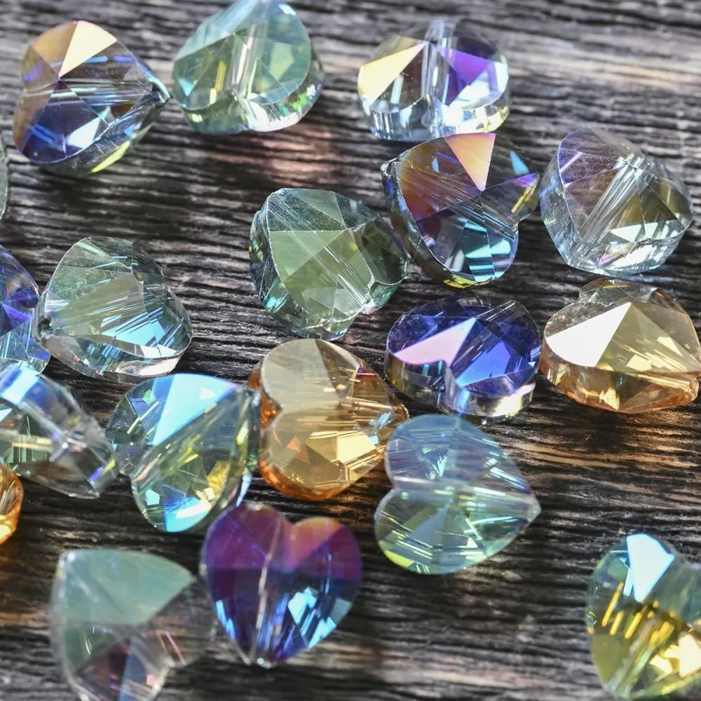бусина, стекло, "сердце", граненая, цветовой микс радужный, 10x10x7 мм