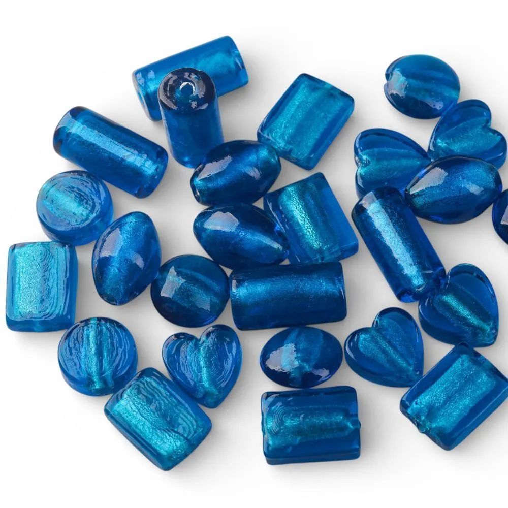 бусина, стекло с фольгой, цвет синий, размерный микс