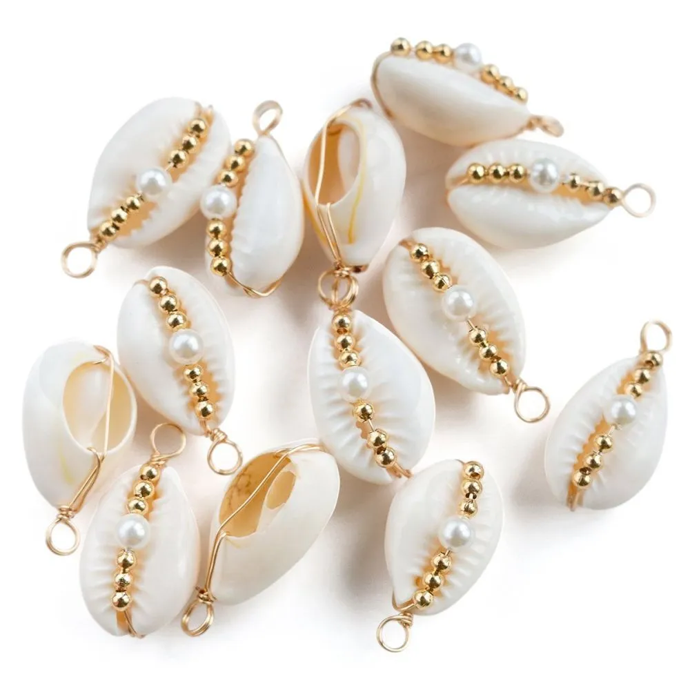 подвеска из ракушки "каури+жемчуг", сборная, цвет белый/золото, 27x14x10.5 мм