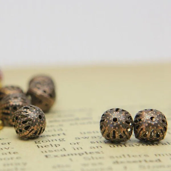 бусина, металл "винтаж" 8, цвет красная медь, 8 мм